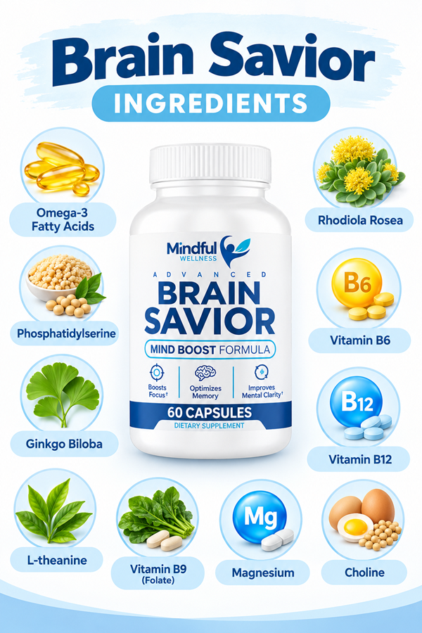Brain Savior ingredients including Lion's Mane, Reishi, Cordyceps, Bacopa monnieri, citicoline and L-theanine